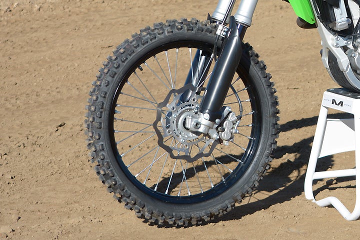 The 270mm rotor on the Kawasaki KX450F is tied with the Yamaha for the largest in the class. Even so, our testers were looking for more power out of the Kawasaki’s front brake.