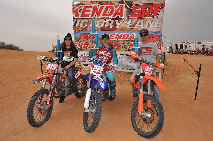 The FMF Pro 250 podium included (from left): runner-up Braydon Bland (the winner at the first round), first-time winner Tyler Lynn and third-place Nick Tolman. PHOTO BY MARK KARIYA.