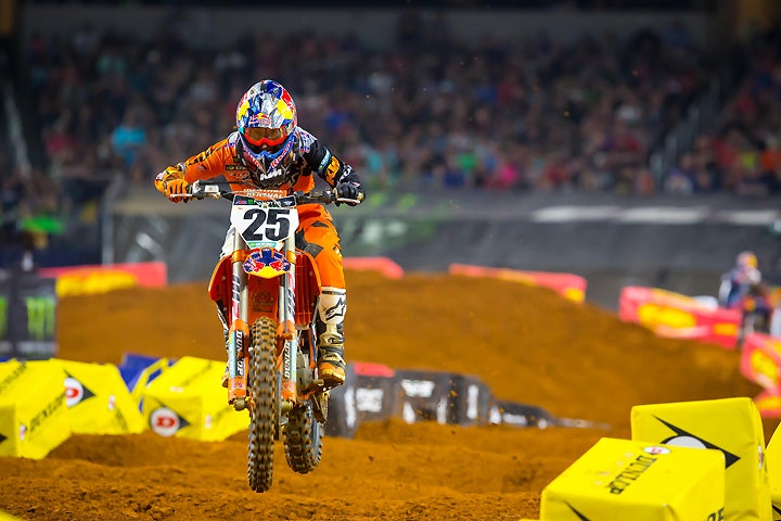 Marvin Musquin became the first French-born rider to win an AMA 450cc Supercross since 2002 when he led wire to wire at the Arlington Supercross in Texas. PHOTO BY RAS PHOTO.
