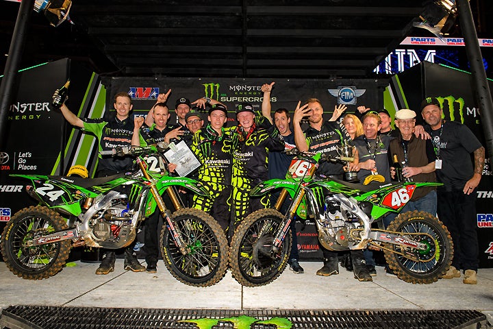 Josh Hill, Austin Forkner and the Monster Energy/Pro Circuit/Kawasaki crew had good reason to celebrate at the Arlington Supercross.