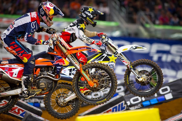 Ryan Dungey (1) had to overcome a bad start and then battle a stubborn Dean Wilson (15) to finish fourth. Wilson was fifth. PHOTO BY RAS PHOTO.