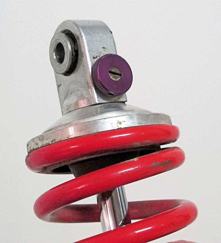 The mounting points at both ends of this shock (top shown) look like they might contain needle bearings, same as the other pivots in the system, or perhaps just plain bushings.